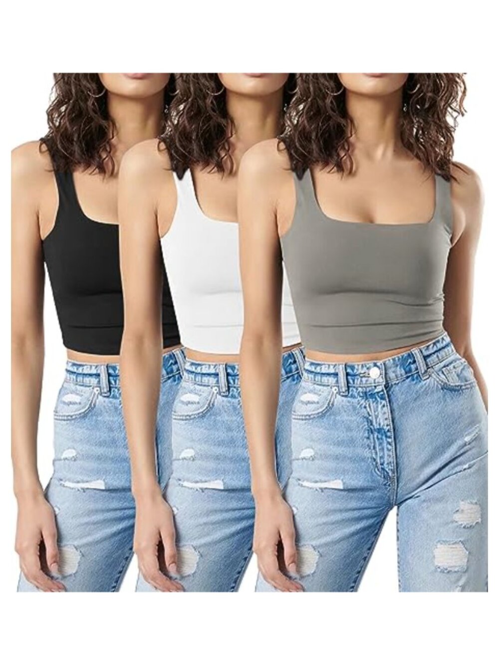Women's 3 Pack Sleeveless Crop Tank Tops Square Neck Backless Slim Fit